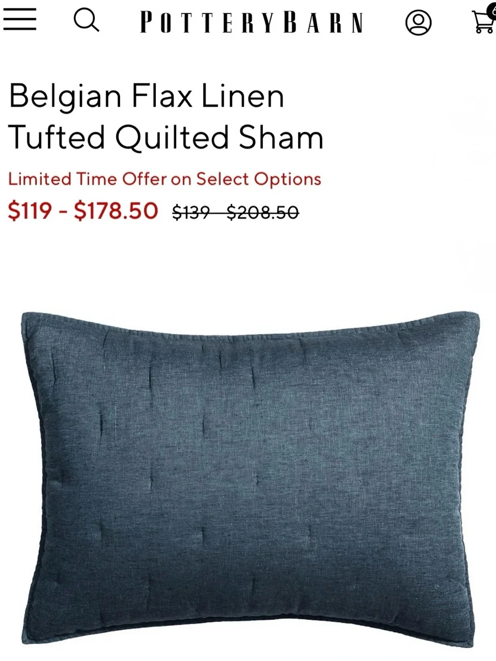 Pottery Barn Belgian Flax Linen Tufted Quilted Sham - Denim